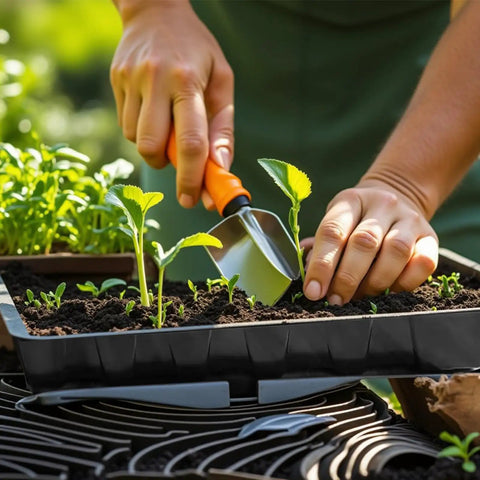 Hands tending seedlings in Ten Pack No Drain Holes Seed Starter Trays Made From Durable Reusable Plastic Great For Seedlings