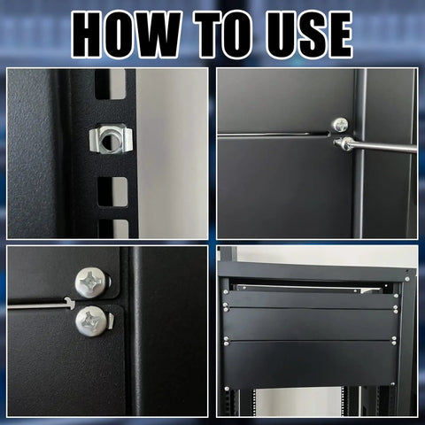 Four Pack 4U Blank Rack Panels For 19 Inch Server Cabinets Heavy Duty Metal Spacers with installation guide and close-ups.