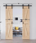 36 By 84 Inch Double Sliding Solid Wood Barn Door With 6.6 Foot Hardware Kit And Handle Included DIY Assembly Easy Install For Interior Rooms And Storage Closets K Frame Wood Door installed view