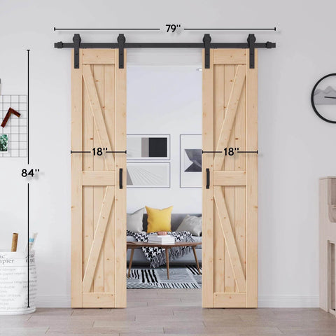 36 By 84 Inch Double Sliding Solid Wood Barn Door With 6.6 Foot Hardware Kit And Handle Included DIY Assembly Easy Install For Interior Rooms And Storage Closets K Frame Wood Door installed view