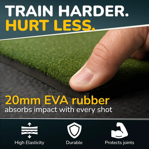 20mm EVA rubber layer of 5x4 Premium Pro Grade Golf Hitting Mat With 40mm Cushioned Turf For Joint Friendly Practice Indoor And Outdoor Use Includes Training Kit Trusted By PGA Tour Pro Jim Herman USA Owned Brand