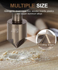 Close-up of Titanium High Speed Steel Step Drill Bit Set With Five Step Bits and Five Countersink Bits on wooden surface