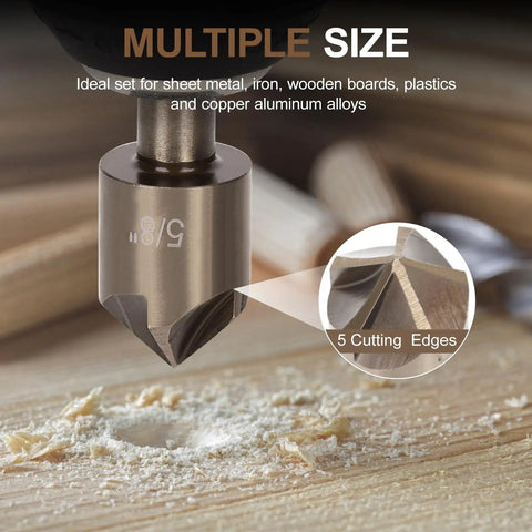Close-up of Titanium High Speed Steel Step Drill Bit Set With Five Step Bits and Five Countersink Bits on wooden surface