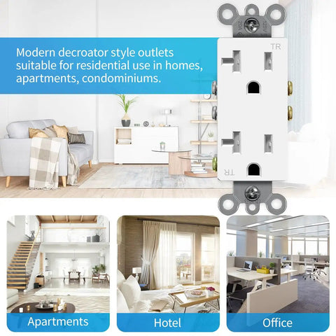 Heavy Duty Decorator Receptacle Outlet 20 Amp 125 Volt Tamper Resistant Grounding UL Listed White 50 Pack Standard Wall Electrical Outlet for Home Renovations in a modern living room with example settings like apartments, hotels, and offices.