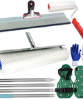 Self Leveling Concrete Tools Kit With 20 Inch Spiked Roller 9 Inch Spike Roller Self Leveling Rake Notched Squeegee Spike Shoes