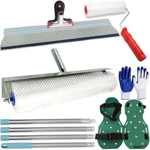 Self Leveling Concrete Tools Kit With 20 Inch Spiked Roller 9 Inch Spike Roller Self Leveling Rake Notched Squeegee Spike Shoes