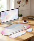 Rainbow Cloud Mouse Pad Set With Keyboard Wrist Rest And Mouse Wrist Pad Waterproof Large Desk Pad For Keyboard And Mouse Ergonomic 35.4 By 15.7 Inch Wrist Support Must Have Colorful Rainbow Office Accessory on desk with computer