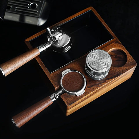 4 In 1 Walnut Pro Barista Style Espresso Tamping Station And Knock Box For 58mm Portafilter With Distributor And Tamper Holder