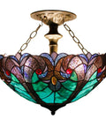 Green Liaison Tiffany Style Stained Glass Ceiling Light Fixture Semi Flush Mount Lamp With 16 Inch Shade And 15 Inch Height