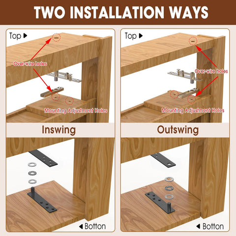 Hidden Bookcase Pivot Hinges With Concealed Wire Passage For Your Secret Murphy Door Heavy Duty DIY Kit Supports 150 Lbs Five Eighth Inch Offset Invisible Hardware For Bookshelf Entrance Easy Install shown in inswing and outswing installation.