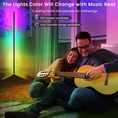 Couple enjoying music with 2 Pack Smart RGB Corner Floor Lamp 62.2 Inch Tall With App And Remote, Music Sync And Timer lighting