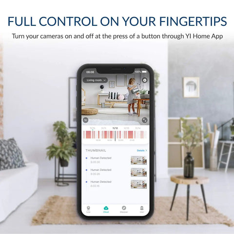 Smartphone displaying app control for 2 Pack Pan Tilt Dome Security Camera Kit 360 Degree Coverage Indoor With Night Vision 2 Way Audio Motion Alerts Phone App Control Compatible With Alexa And Google Assistant in a modern living room.