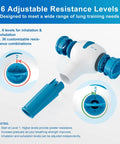 Digital Lung Trainer With App And Bluetooth, 6 Level Inhale Resistance, detailed view of resistance settings and blue components.