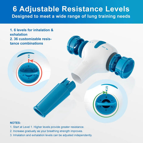 Digital Lung Trainer With App And Bluetooth, 6 Level Inhale Resistance, detailed view of resistance settings and blue components.