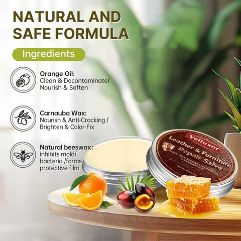 Top Shelf Leather Conditioner And Furniture Salve Kit ingredients with orange oil and beeswax displayed on a wooden surface.