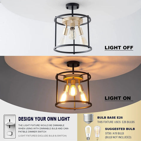 Dope Industrial Semi Flush Mount 3 Light Ceiling Fixture In Vintage Black With Adjustable Sockets And Rustic Metal Cage Shade
