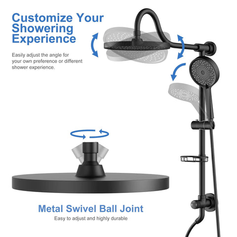 9 Inch Rainfall Shower Head And Handheld Combo System With Slide Bar In Matte Black, featuring metal swivel ball joint and diverter.