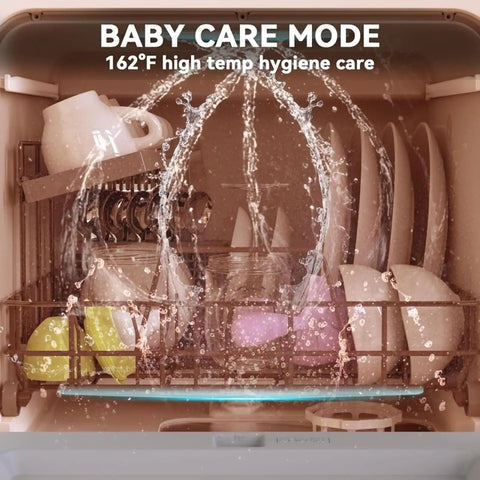Interior view of Compact Countertop Dishwasher With Five Beast Mode Wash Cycles And No Brainer Setup For Tiny Apartments featuring baby care mode.