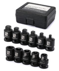 Eleven Piece Three Eighths Inch Drive Pipe Plug Socket Set SAE CRMO Heavy Duty With Tapered Male Square Drive And Chamfered Female Square Drive For Pros And DIYers, displayed with black storage case