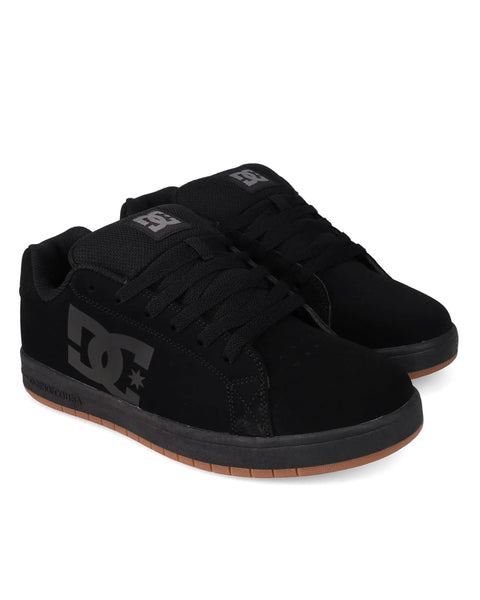 Gaveler Black Gum Skate Shoes Size 11 for Men with durable upper and pill pattern outsole, angled side view