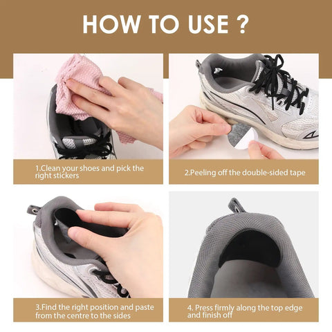 Steps for using Inside Shoe Heel Repair Patches Kit, Self Adhesive Patch Set for Sneaker Holes, Mesh Shoes, with hand application.
