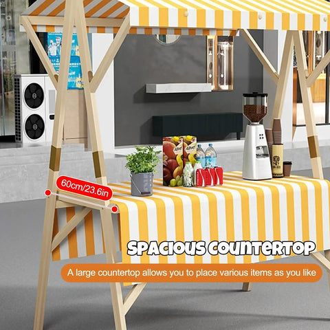 Collapsible Wooden Vendor Cart With Canopy featuring a spacious striped countertop for street food and outdoor events.