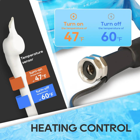 Close-up of RVGUARD heated water hose connector with metal coupling and black hose; thermostat label visible.
