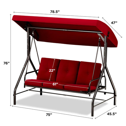 Three Seat Patio Swing With Canopy For Backyard Or Porch Convertible Glider Bed Thick Removable Cushions And Pillows in Burgundy