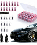 30 Pcs Tire Plugs Screw Type Emergency Tire Repair Kit with screwdriver, case, and plugs next to black car.