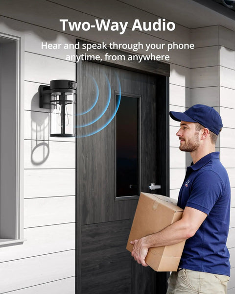 2K HD Outdoor Lantern Camera with Wi Fi, Wall Light Cam featuring two-way talk by a doorway with delivery person