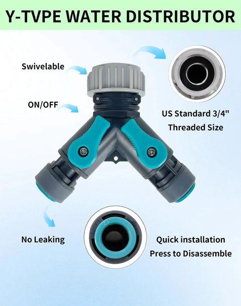 Y-type water distributor for Plug And Play Drip Irrigation Kit For Garden And Potted Plants With 100 Foot Hose 360 Degree Adjustable Mist Nozzles.