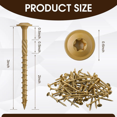 Massive 200 Pcs Lag Screws Set For Exterior Wood Construction Size 14 By 3 Inch With Torx Star Drive, top and side view.