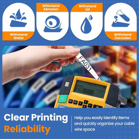Rock Solid Heavy Duty Heat Shrink Cable Markers 3 Pack Flame Retardant Polyolefin Wire Labels shown with labeling device.