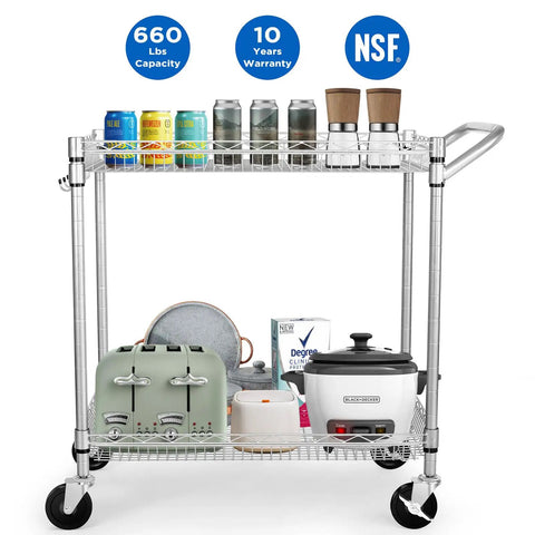 Beefy Two Tier Rolling Utility Cart With 660 Lb Capacity Nsf Listed Commercial Steel Workhorse Anti Rust Chrome Mobile Storage Rack Built Tough For Garage Kitchen Or Warehouse