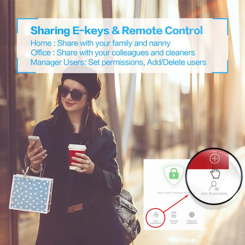Person with coffee next to smart door lock interface, Smart Door Lock Handle With Fingerprint Biometric Security For Bedroom Home And Office Use