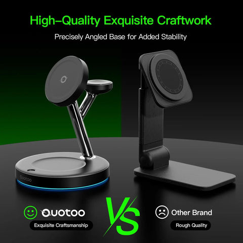 Comparison of two charging docks: "3 In 1 Wireless Charging Dock For iPhone AirPods And Apple Watch With MagSafe Stand Fast Charge Mess Free Desk Setup Works With iPhone 17 Through 12 Magnetic Charger Station For Home Or Office" with angled base vs competitor.