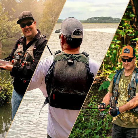 Three angles of Lightweight Mesh Fishing Vest For Men And Women With 17 Pockets, Breathable Back Panel, Army Green, All Day Comfort.
