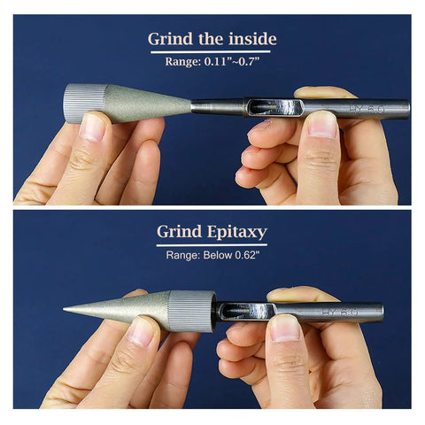 Hands holding Round Hole Punch Grinder Tool for Leather Craft 3 to 16 mm with grind range details visible.