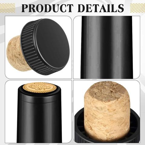 100 Pack Black Wine Bottle Sealers With Solid Airtight Plastic Cork Tops And Quick Squeeze Grip Caps featured in multiple angles.