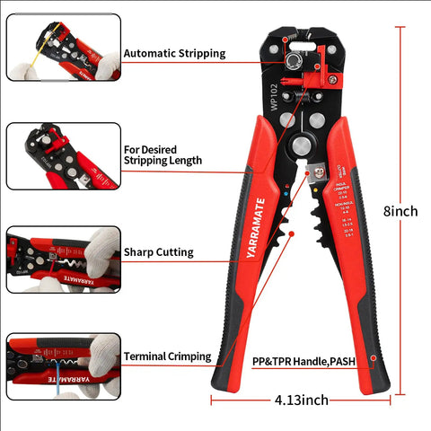 3 In 1 Auto Wire Stripping Tool With Self Adjusting Mechanism Crimping And Cutting For 10 To 24 AWG 8 Inch red and black tool