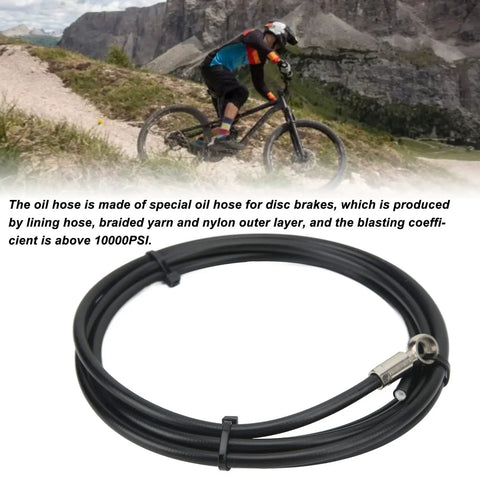 Black hydraulic brake hose coil with olive connectors, 2m, displayed in front of a mountain biker; Hydraulic Brake Kit For SRAM Level Red Etap S700 S900 Elixir 2m Cable Length Olive Connectors And Oil Needle Set Direct Replacement Aluminum And Nylon Construction For A Durable Ride Ready Bike Brake System Upgrade