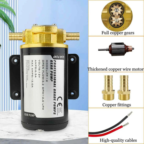 12V Oil Extractor Pump For Engine And Marine Use, 3.2 GPM Gear Oil Pump with copper gears, fittings, and high-quality cables