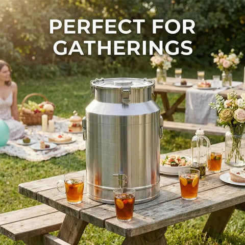 Top Shelf 304 Stainless Steel Water Dispenser With Airtight Lid And Snap Latches, Zero Drip Spigot For Hauling Wine Oil Or Milk, Backyard Ready Liquid Storage Barrel, 23 Gallon Tank on a picnic table outdoors.