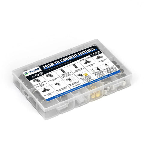 Push To Connect Fittings Kit 1/4 Inch 3/8 Inch 1/2 Inch Set For Nylon And PU Tubes; clear case with fittings assortment