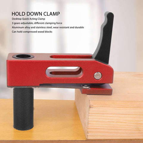 Hold Down Clamp 20mm Quick Release Horizontal Clamp With 3 Level Adjustable Tension Aluminum Alloy Bench Dog Clamp for Woodworking Jigs, shown from the side holding wood in place.