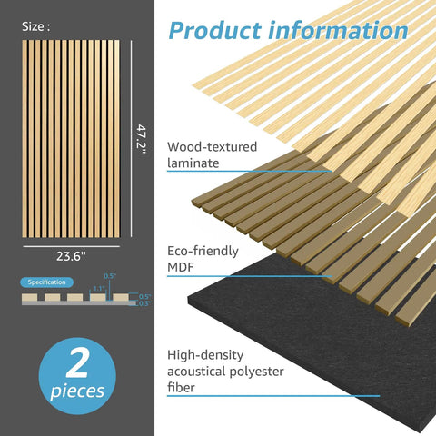 2 Pack Premium Fluted Acoustic Wood Slat Wall Panel For Home Office Noise Cancellation Decor 47.2 By 23.6 Inches Solid Oak with specs.