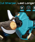 Close-up of Electric Pruning Shears Cordless 1.8 Inch Cut With Brushless Motor Dual 4Ah Batteries cutting a tree branch