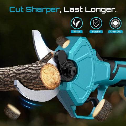 Close-up of Electric Pruning Shears Cordless 1.8 Inch Cut With Brushless Motor Dual 4Ah Batteries cutting a tree branch
