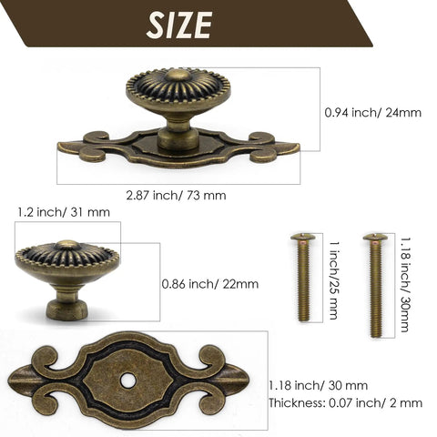 Antique Brass Cabinet Knobs With Backplates 4 Pack Zinc Alloy Solid Round Mushroom Drawer Pulls size guide image
