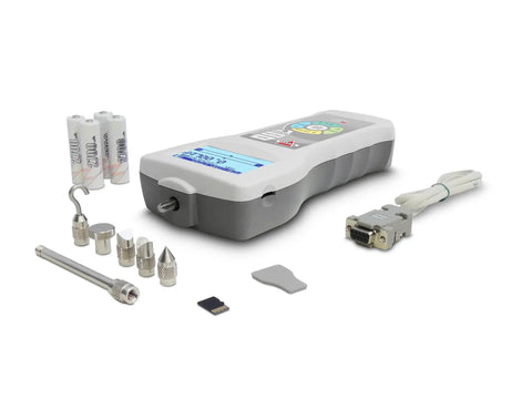 Pro Grade Digital Force Gauge With 2 Lb Capacity And 0.0005 Lb Resolution For Tension Or Compression, Built In MicroSD Card, USB And RS232 Interfaces, Peak And Multi Peak Detection, Backlit LCD With Auto Rotate Display. force gauge with accessories